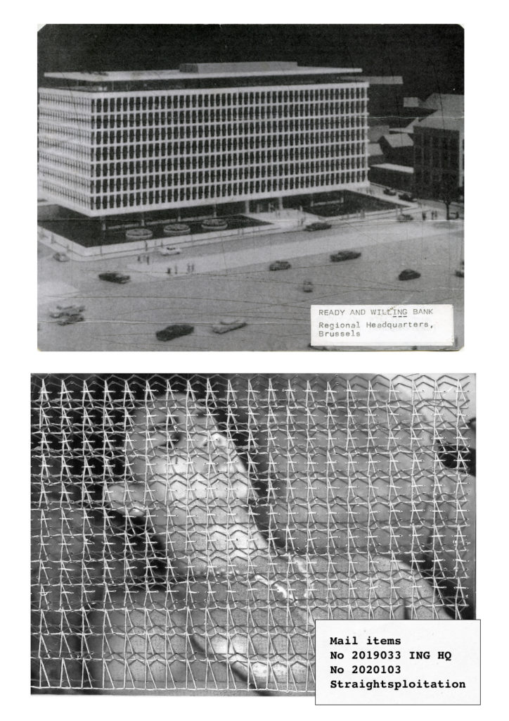 Postcards (2019), ING bank Headquarters and hand embroidered screen grab of porn